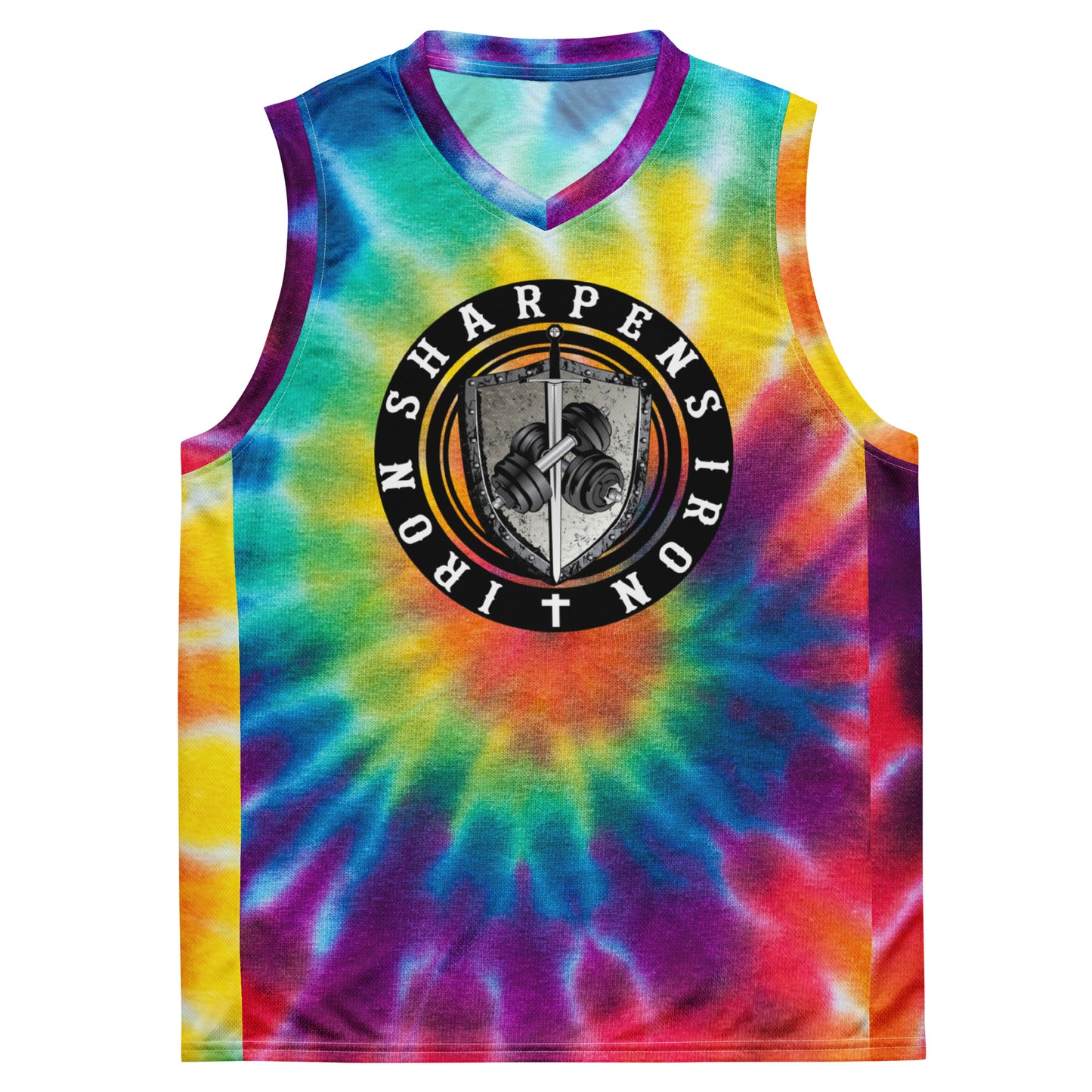 Recycled unisex TIE-DYE IRON SHARPENS IRON basketball jersey