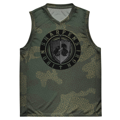 CAMO with CAMO letters iron sharpens iron Recycled unisex basketball jersey