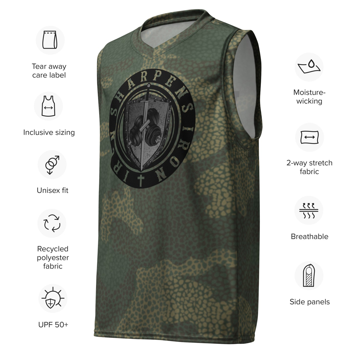 CAMO with CAMO letters iron sharpens iron Recycled unisex basketball jersey