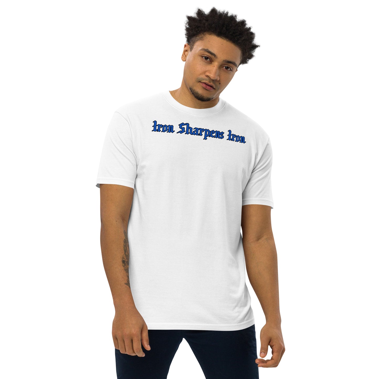 Premium heavyweight Iron Sharpens Iron Blue Line  tee