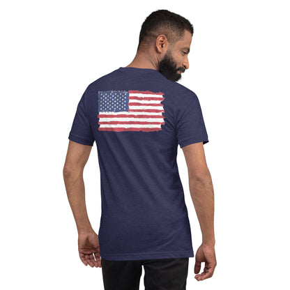 Unisex Iron Sharpens iron 4th of July shirt "Flag On the back"