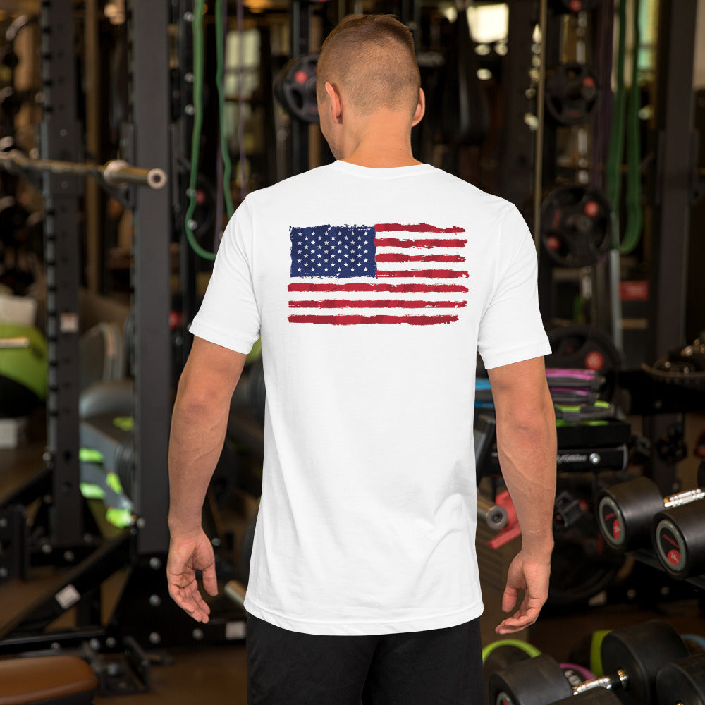 Unisex Iron Sharpens iron 4th of July shirt "Flag On the back"