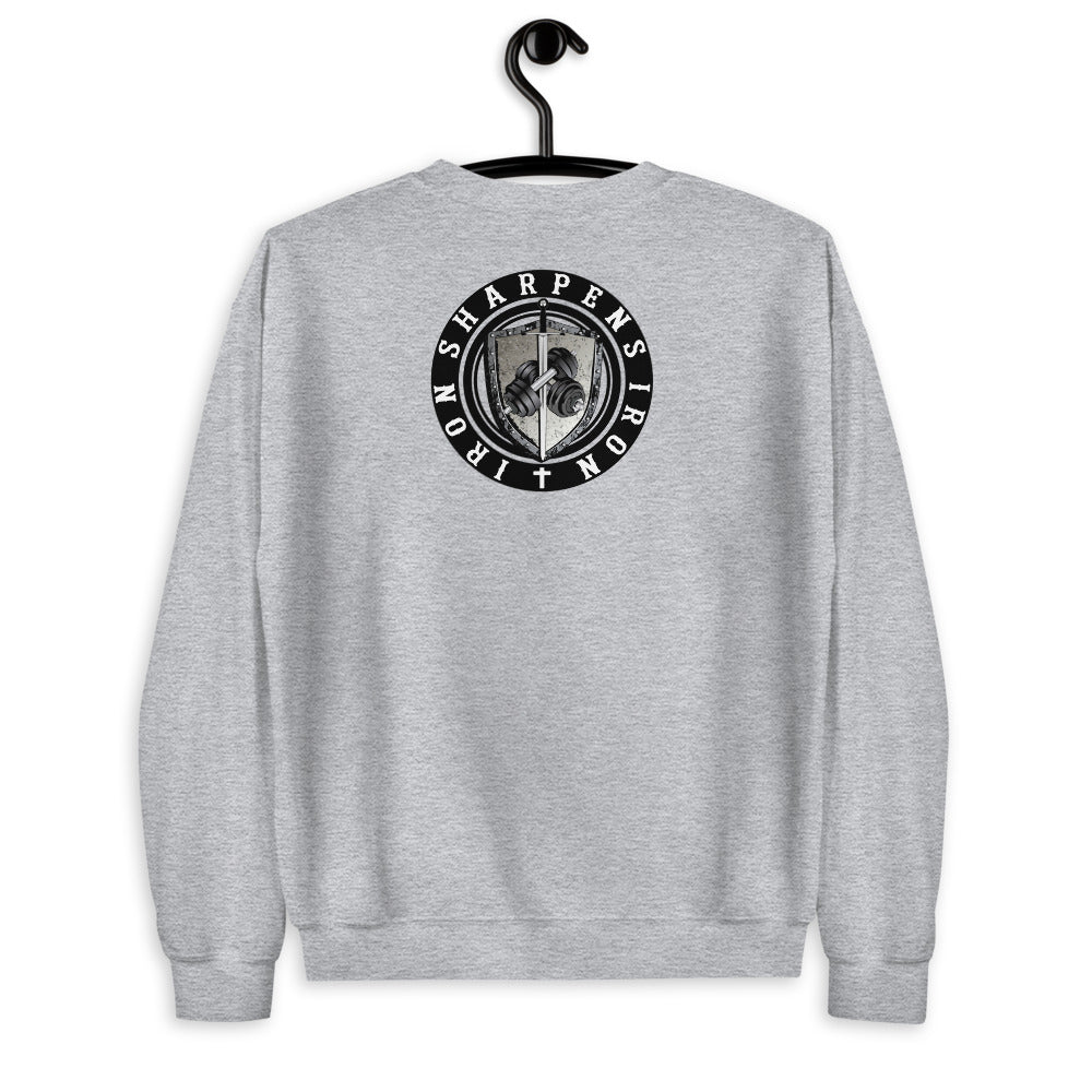 NO WEAPON FORMED SWEATSHIRT includes iron sharpens iron logo on the back